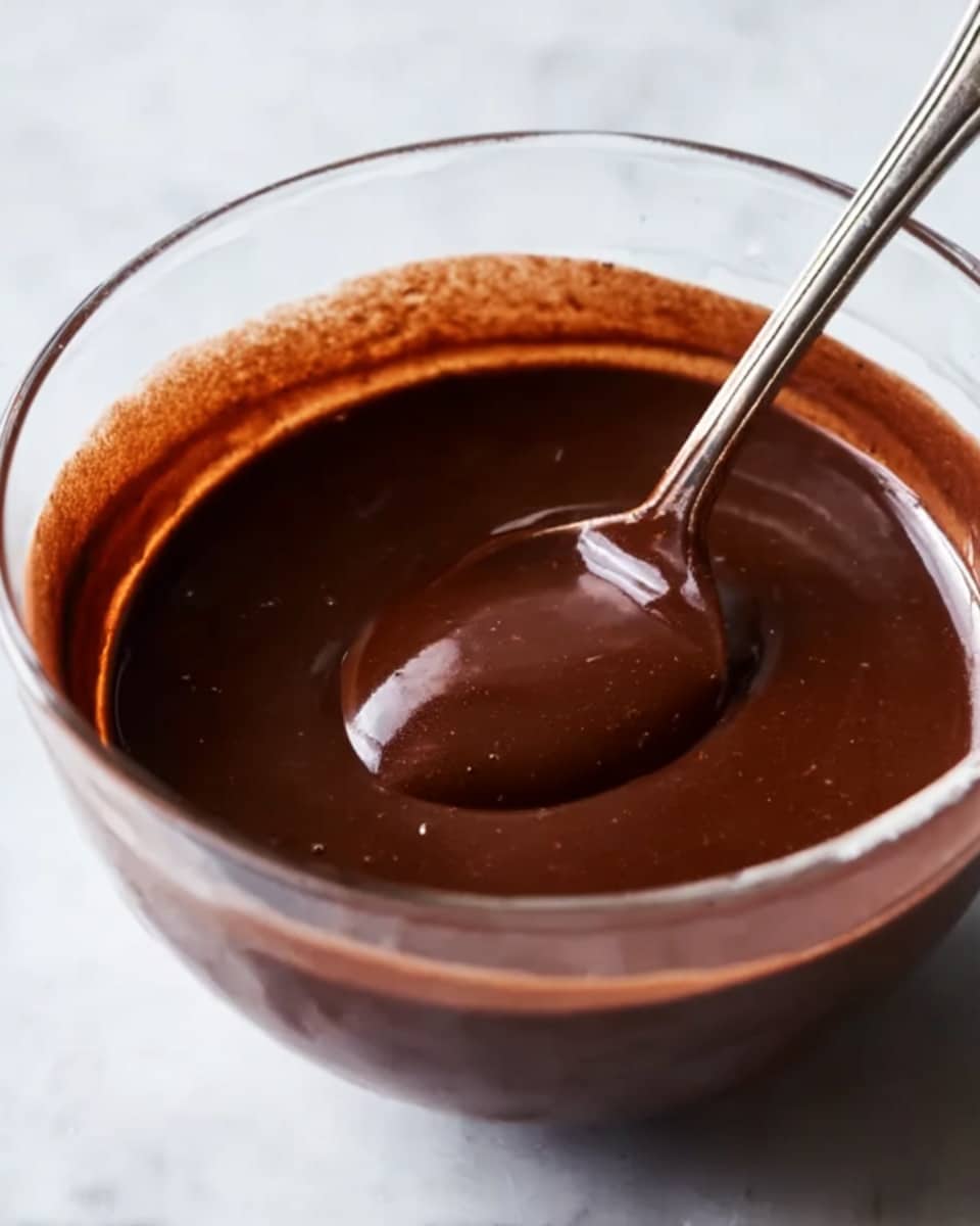 The image shows a clear glass bowl filled with smooth, rich, dark brown chocolate sauce. A silver spoon is dipped in the sauce, resting inside the bowl with some sauce coating the spoon. The chocolate looks thick and creamy, with a shiny texture and small specks of darker bits in it. The bowl is placed on a white marbled surface, with soft light highlighting the glossy finish of the chocolate sauce. Photo taken with an iphone --ar 4:5 --v 7