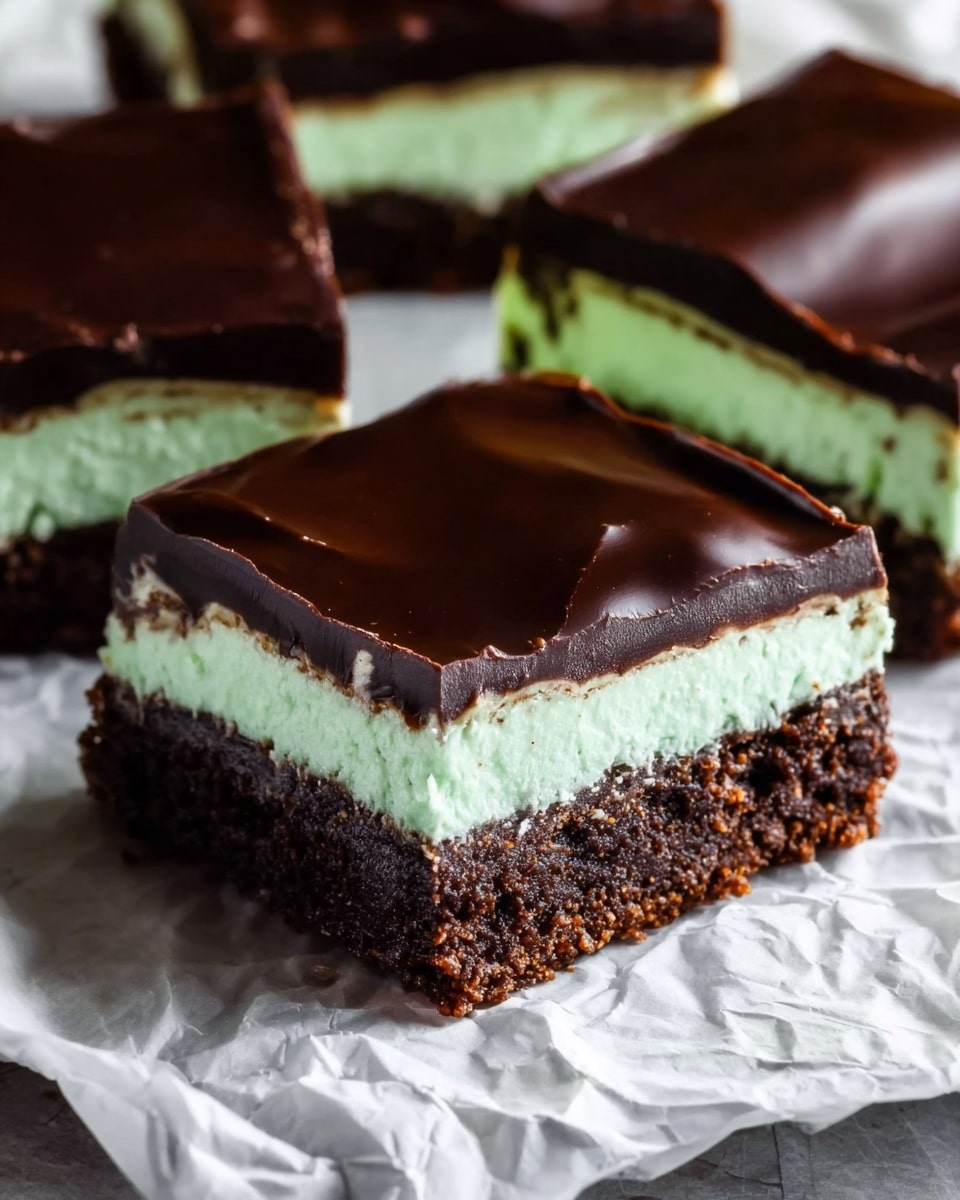 The image shows a close-up of square dessert bars with three clear layers. The bottom layer is dark brown with a rough, crumbly texture, resembling a chocolate brownie base. The middle layer is a thick, creamy light green layer, smooth in texture and evenly spread. The top layer is a glossy, dark chocolate coating with a shiny, smooth finish and slight ripples visible on the surface. The bars are arranged on crumpled white parchment paper placed over a white marbled texture surface. Photo taken with an iphone --ar 4:5 --v 7