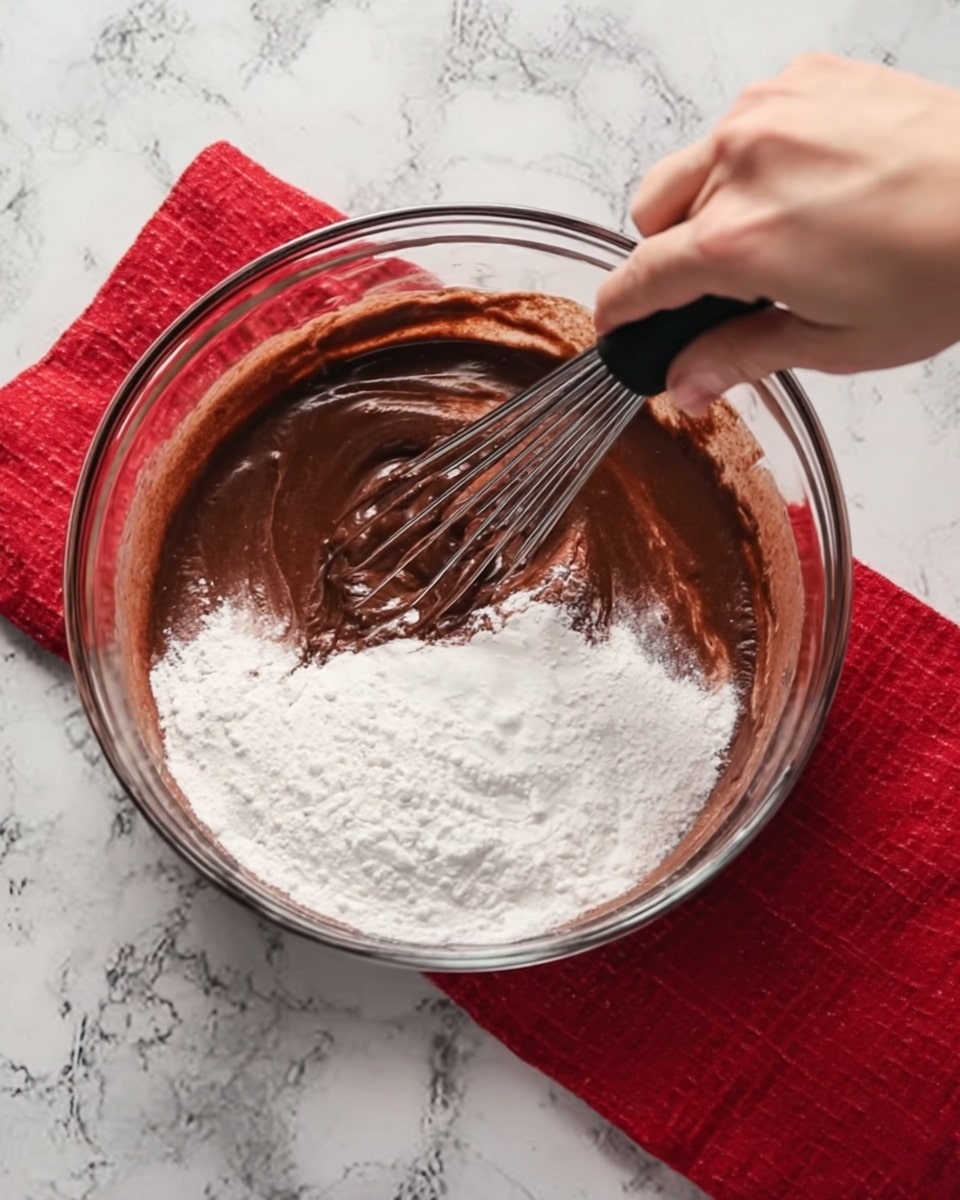 A clear glass mixing bowl sits on a white marbled surface with a red cloth on the side. Inside the bowl, there are layers of dry white flour and dark brown chocolate batter being mixed together. A woman's hand is holding a black whisk, stirring the smooth chocolate batter and white flour to combine them. The scene focuses closely on the mixing process. Photo taken with an iphone --ar 4:5 --v 7