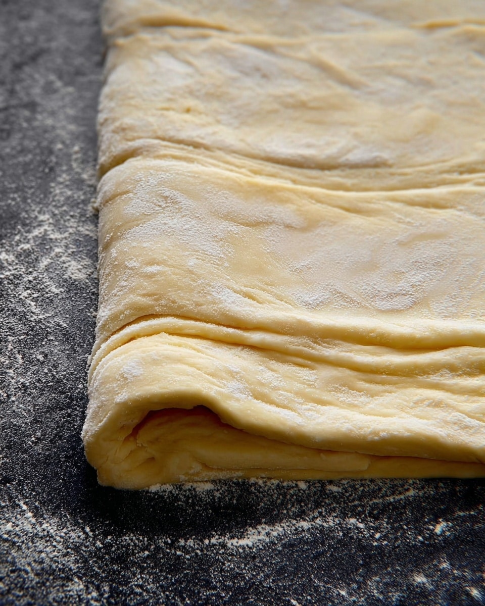 This image shows a close-up of thin, layered dough with visible folds and a slightly shiny texture, likely from butter or oil spread between layers. The dough is pale yellow with smooth and soft textures, laid flat on a dark, floured surface that contrasts with the dough’s light color. The edges are uneven and gently pressed together, showing the process of rolling or shaping the dough for a pastry preparation. The surface has a dusting of flour and a rough texture next to the smooth dough. photo taken with an iphone --ar 4:5 --v 7