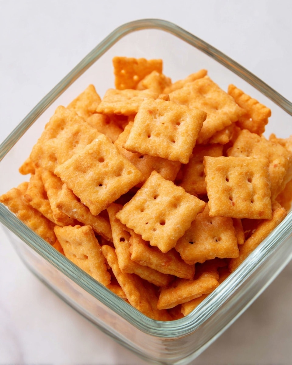 The image shows a clear glass container filled with many small, square crackers that have a light orange color. Each cracker has a slightly bumpy surface with tiny holes in the middle and crinkled edges. The crackers are stacked randomly, filling the container almost to the top. The container is placed on a white marbled surface, giving a clean and bright background. photo taken with an iphone --ar 4:5 --v 7