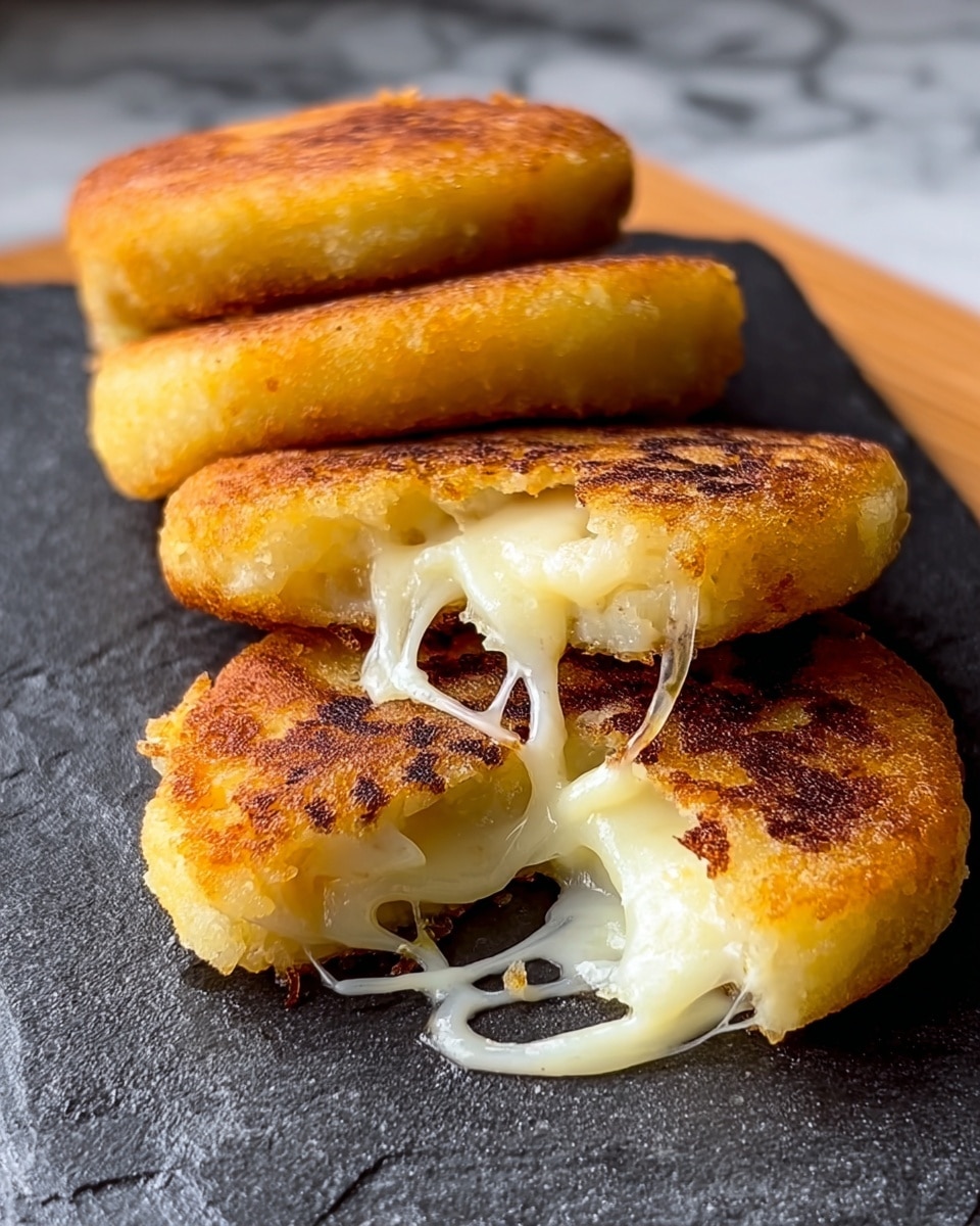 Four round golden brown fried patties with a slightly crispy texture are lined up diagonally on a dark stone surface with one in the front broken open, showing soft melted white cheese strings stretching out. The outer crust has an even, rich browning with a smooth, soft interior visible in the broken patty. The background features a white marbled texture photo taken with an iphone --ar 4:5 --v 7