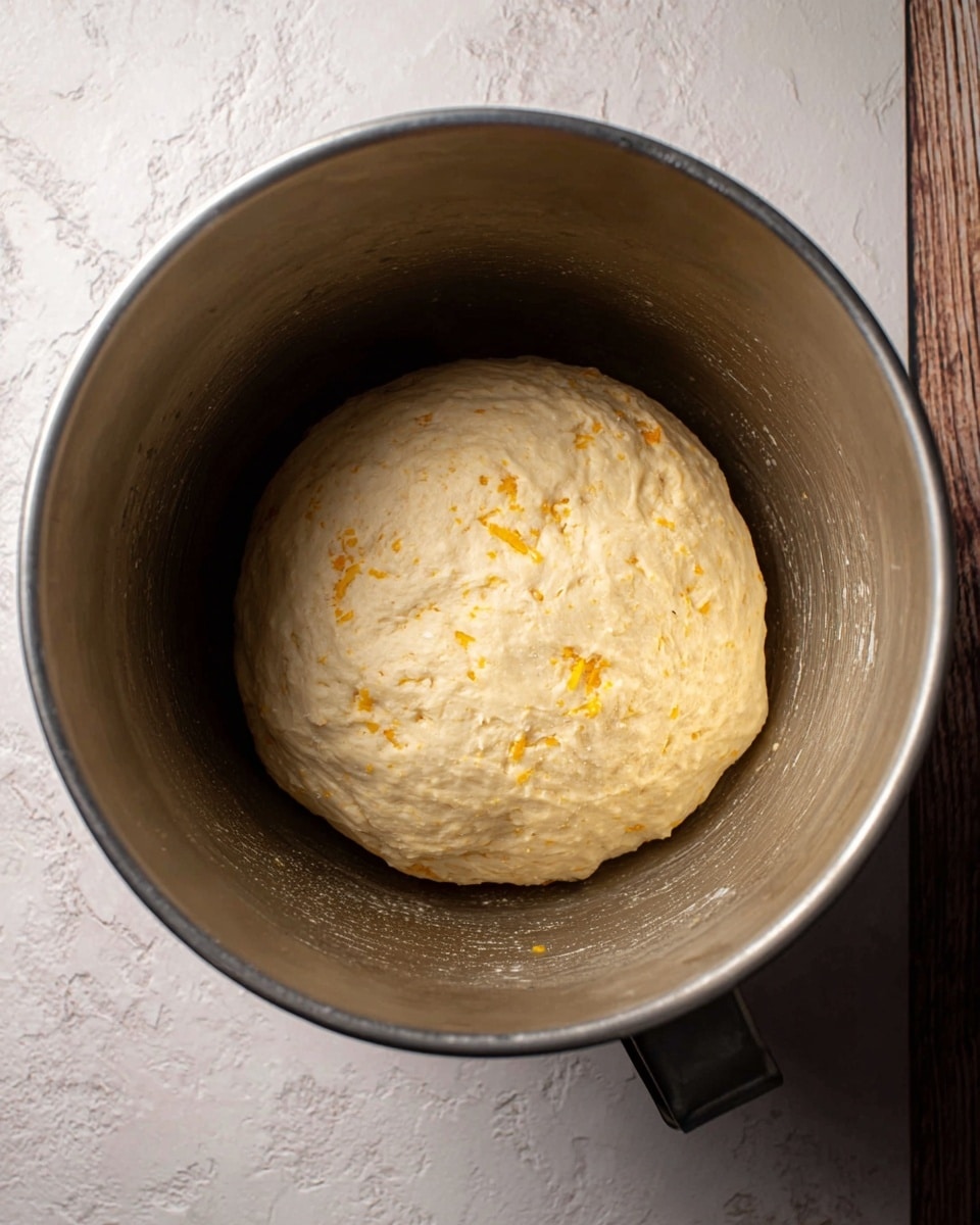 A single round dough ball with a light beige color and small yellow bits mixed inside, sitting in a silver metal mixing bowl. The dough looks soft and slightly bumpy with some air bubbles visible on the surface. The bowl has a smooth, slightly scratched inner texture and a handle peeking out on the left side. The whole scene is placed on a white marbled texture surface. photo taken with an iphone --ar 4:5 --v 7