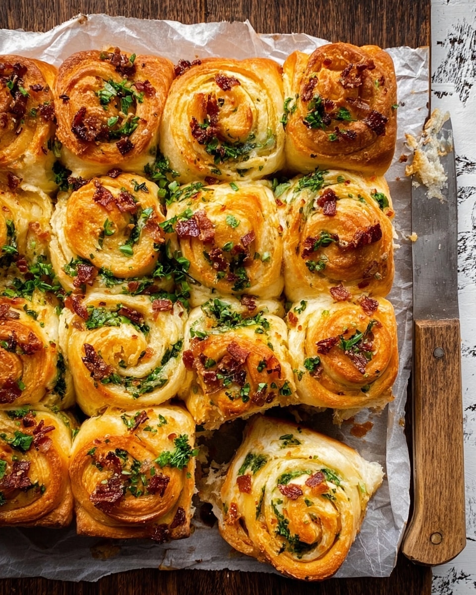 The image shows a tray of golden brown savory rolls, arranged closely in a grid with three rolls pulled out from the bottom row. Each roll has a soft, fluffy texture with swirled layers visible, topped with bright green chopped herbs and small bits of crispy browned pieces. The rolls are on white parchment paper on a dark wooden surface with a white marbled texture underneath. A rustic knife with a wooden handle rests on the tray's right side. Photo taken with an iphone --ar 4:5 --v 7