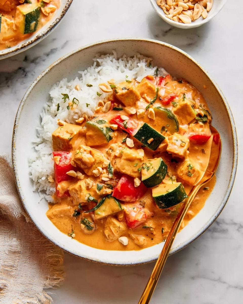 A white bowl holds a dish with two main layers: the bottom layer is white rice with a soft, fluffy texture. The top layer is a creamy orange curry sauce filled with chunky pieces of green zucchini, red bell peppers, and beige tofu shaped like small flower petals. The curry sauce is smooth and thick, lightly coating each ingredient. Small green herb bits and crushed peanuts are sprinkled over the top for texture. A gold spoon rests inside the bowl on the right side. The bowl sits on a white marbled surface, with a small white bowl of crushed peanuts placed in the top right corner and part of another bowl visible at the top left. The lighting is soft and natural. Photo taken with an iphone --ar 4:5 --v 7