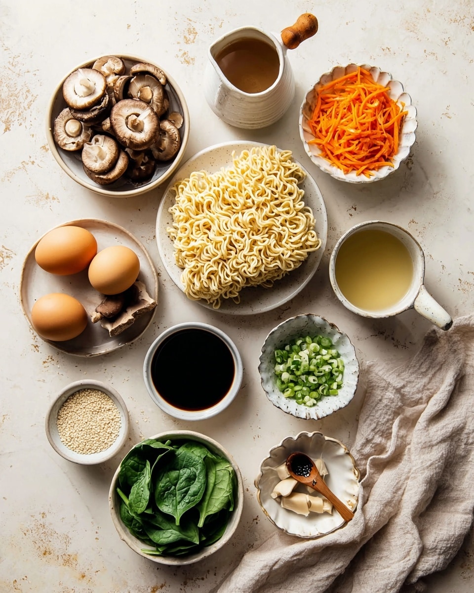A top view shows various small white dishes and bowls on a white marbled surface, each holding different ingredients. In the center, there are two blocks of dry, wavy, yellow ramen noodles stacked loosely on a white plate. Around them, from top left clockwise, are two brown eggs on a small white dish, sliced brown and white mushrooms in a white bowl, chopped green onions in a white bowl, shredded bright orange carrots in a small white cup with a wooden handle, light brown liquid in a white small bowl, dark soy sauce in a white scalloped dish, fresh green spinach leaves in a white bowl, white sesame seeds with a small wooden spoon on a scalloped white dish, minced garlic in a small grey bowl, a cup of light yellow broth, and grated ginger in a small grey bowl. A light beige cloth sits folded on the lower right side. Photo taken with an iphone --ar 4:5 --v 7