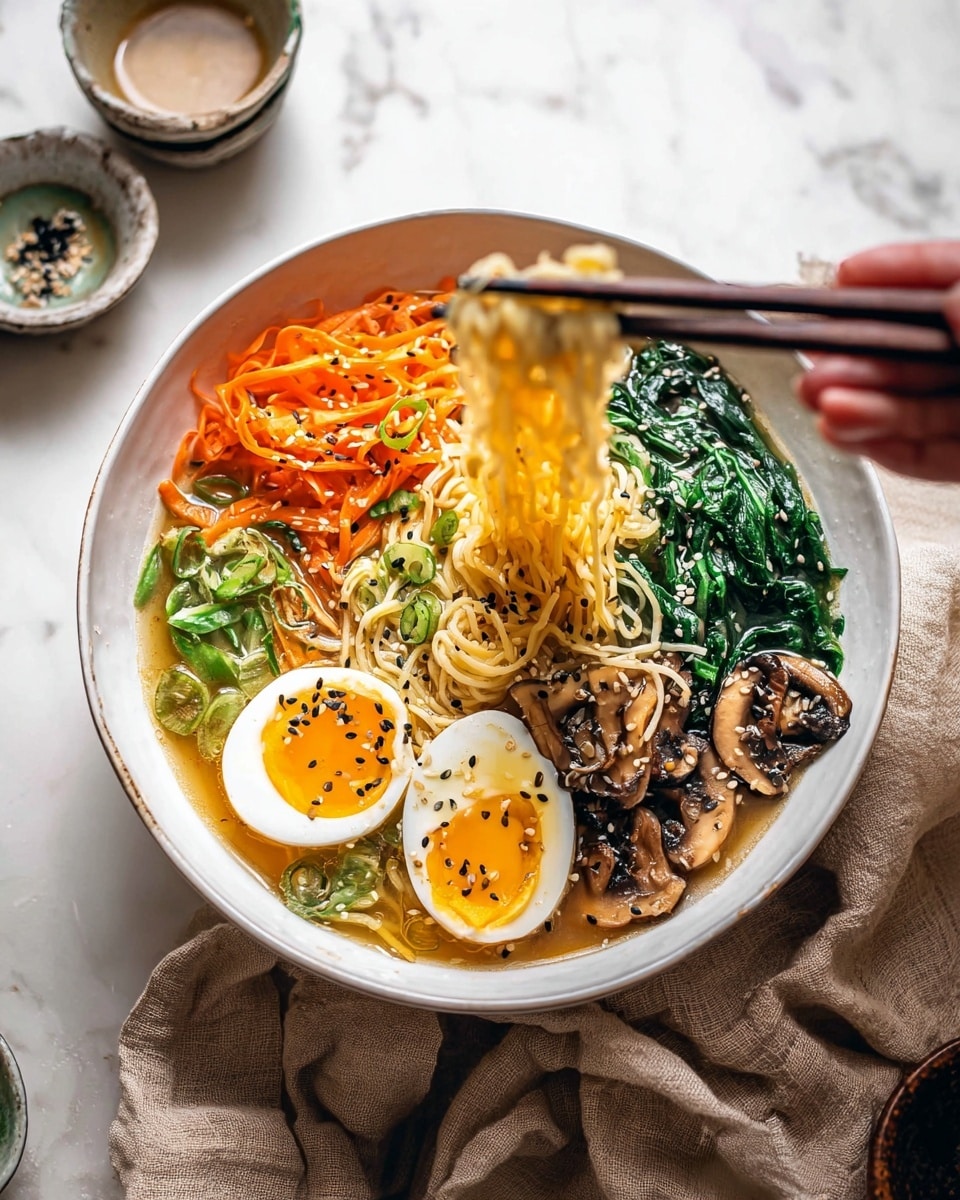 A white bowl sits on a white marbled surface filled with a vibrant ramen dish. The bottom layer is a clear broth with thin yellow noodles, being lifted by a pair of dark wooden chopsticks held by a woman's hand from the top right. On the surface inside the bowl, starting from the left, there is a bright orange layer of shredded carrots, followed by green sliced scallions, a deep green clump of wilted spinach, two halves of a soft-boiled egg with firm white and bright orange yolks sprinkled with black and white sesame seeds, and a cluster of sliced brown mushrooms. White and black sesame seeds are scattered on top throughout the bowl. A beige cloth and small dipping sauce dishes rest nearby. photo taken with an iphone --ar 4:5 --v 7