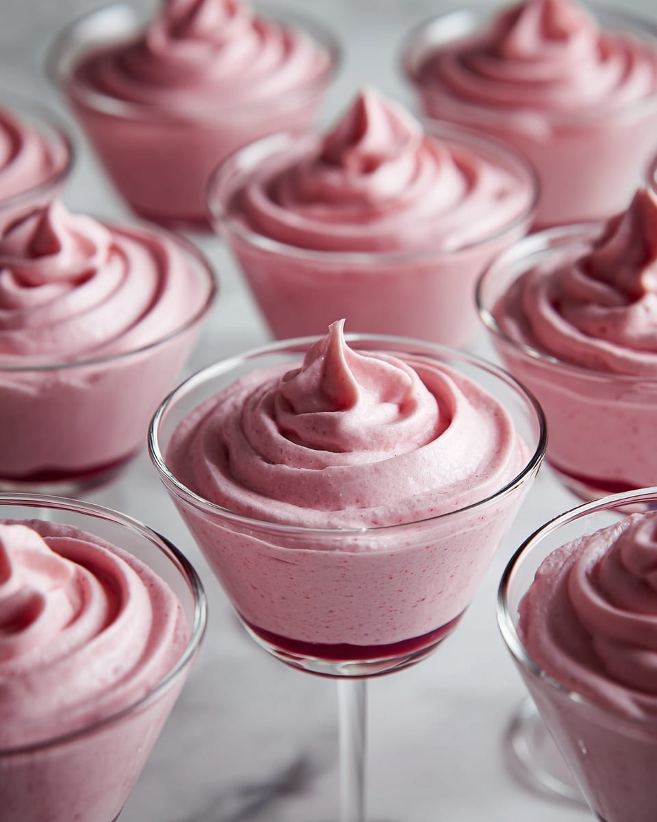 The image shows several clear glass dessert cups filled with a layered pink mousse. Each cup has two visible layers: a darker pink, smooth base filling the bottom half, and a lighter pink, swirled mousse on top, creating a soft, fluffy texture with peaks. The cups are arranged closely together on a white marbled surface, and the focus is on the front cup, making the others softly blurred in the background. The overall look is delicate and creamy, with the clear glasses highlighting the contrast between the two pink shades. Photo taken with an iphone --ar 4:5 --v 7