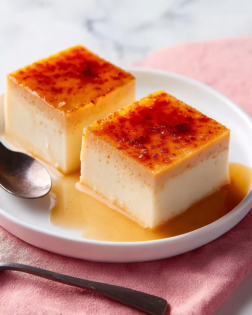 The image shows two small square blocks of a smooth, creamy dessert placed side by side on a white round plate. Each piece has a top layer that is shiny and caramelized, with a golden brown color and slightly uneven texture that looks crisp. The main lower layer is off-white, soft, and firm with clean sides. Some caramel sauce slightly drips down from the top edges. The plate sits on a pink cloth, and a dark metal spoon is near the bottom corner of the image. The background is a white marbled surface. Photo taken with an iphone --ar 4:5 --v 7
