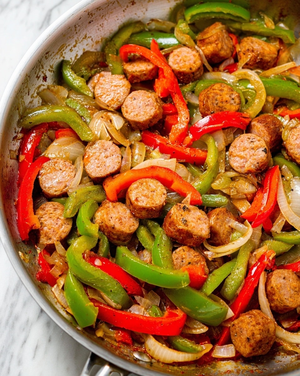 A close-up view of a skillet filled with cooked sausage slices mixed with strips of green and red bell peppers and cooked onions. The sausages are brown and round, showing a slightly crispy texture on the edges. The bell peppers are cut into thin long strips, with the green and red colors standing out vividly. The onions are sliced thinly, softened and lightly browned. All ingredients are mixed evenly, creating a colorful and textured dish inside a silver pan. The background shows a white marbled surface. Photo taken with an iphone --ar 4:5 --v 7