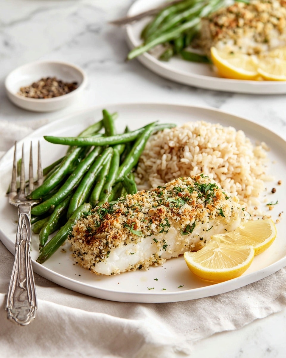 A white plate on a white marbled surface holds a meal with three main parts: on the left is a piece of fish covered in a golden brown, crumbly topping mixed with green herbs, the middle has bright green cooked green beans seasoned with cracked black pepper, and on the right is a mound of fluffy light brown rice. Two thin lemon slices sit on the plate, one resting on the green beans and the other between the fish and rice. A silver fork and knife lie beside the plate. In the background, there is a white bowl with pepper and another white plate with a similar meal, all on a soft white cloth. photo taken with an iphone --ar 4:5 --v 7
