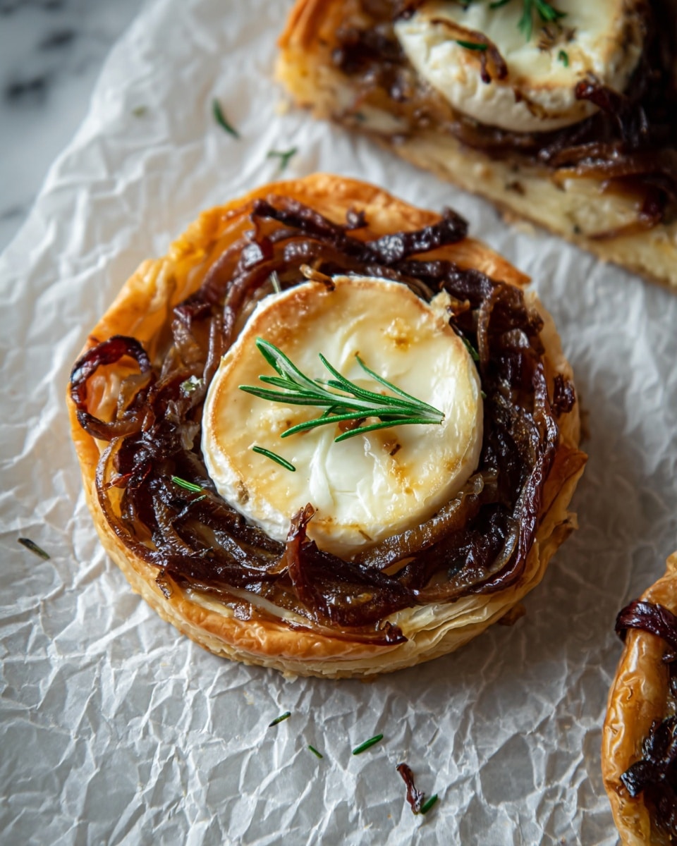 The image shows a close-up of a round pastry tart with three visible layers. The bottom layer is a golden brown puff pastry base with a slightly crispy texture. On top of this is a thick layer of dark reddish caramelized onions, which look soft and glossy. The top layer is a round slice of creamy white cheese with slightly browned edges and a small green sprig of rosemary placed gently in the center. The tart is placed on white crinkled parchment paper which rests on a white marbled surface. Photo taken with an iphone --ar 4:5 --v 7