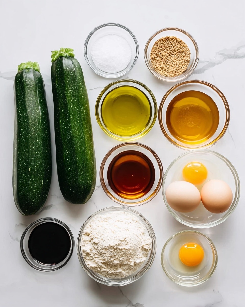Two dark green zucchinis are placed vertically side by side on the left on a white marbled surface. To their right, nine clear glass bowls with different ingredients are neatly arranged in three rows. The top row has bowls with white salt, dark soy sauce, and light brown sesame seeds. The middle row contains light yellow oil, a small bowl of golden liquid, and amber-colored liquid. The bottom row shows white flour, a bowl with two cracked raw eggs showing yellow yolks and clear whites, and a small bowl with a light clear liquid. The setup is clean and bright with the bowls and ingredients clearly visible, photo taken with an iphone --ar 4:5 --v 7