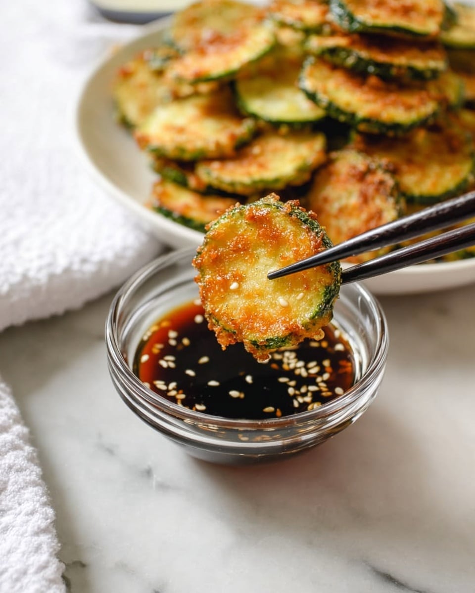 A small golden brown fried zucchini slice with a crispy texture is held by black chopsticks above a clear glass bowl filled with dark soy sauce sprinkled with white sesame seeds. Behind, a white plate is stacked with many similar fried zucchini slices, showing their round shape, golden crust, and green edges. The setup rests on a white marbled surface next to a folded white textured cloth. The image focuses closely on the dipping action. photo taken with an iphone --ar 4:5 --v 7