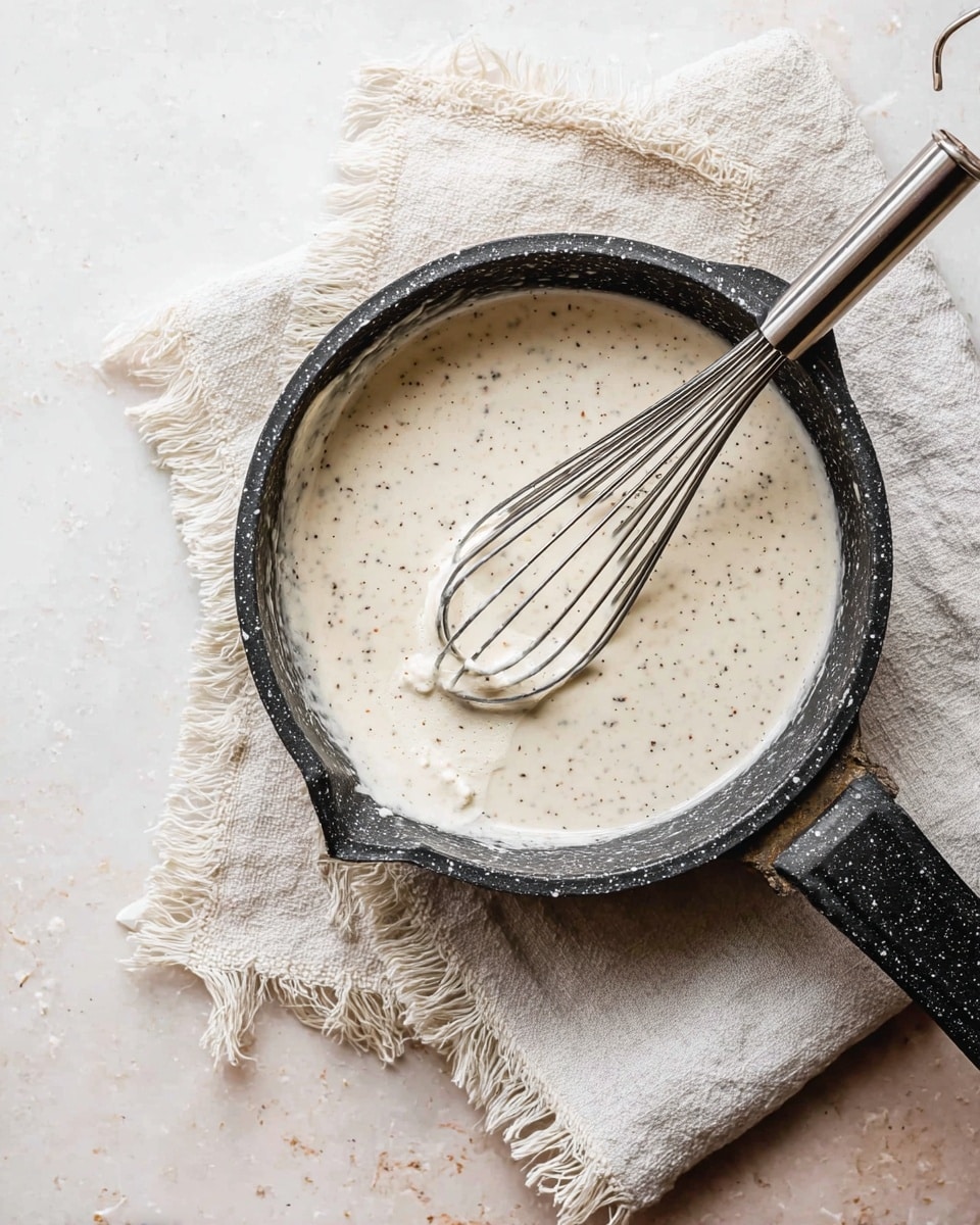 A black speckled saucepan filled with a creamy white sauce that has small black specks mixed in. A metal whisk is resting inside the saucepan with some sauce clinging to it. There is also a small clump of solid white material floating on the surface near the whisk. The saucepan sits on a rough off-white cloth with frayed edges, placed on a white marbled surface. The photo is taken from above, capturing the scene with soft natural light. photo taken with an iphone --ar 4:5 --v 7