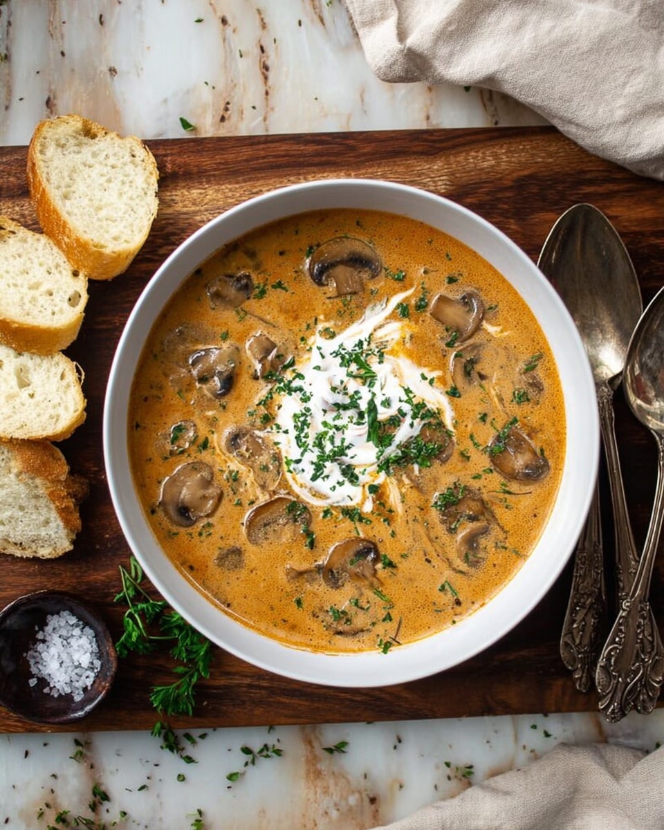 A white bowl filled with creamy mushroom soup showing many light brown mushroom slices floating in a thick orange-tan broth. The soup has a dollop of white cream in the center topped with small chopped green herbs, scattered more around on top. The bowl sits on a dark wooden board with some coarse salt sprinkled beside. To the side, there are three slices of light toasted bread and a light soft cloth. Two tarnished silver spoons rest on a wooden surface with a white marbled texture underneath. photo taken with an iphone --ar 4:5 --v 7