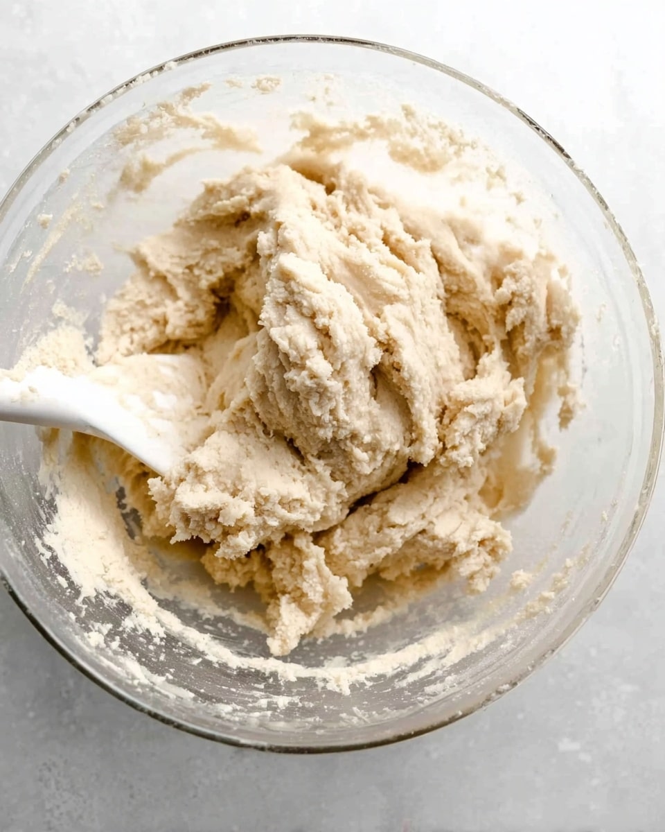 The image shows thick, creamy dough with a slightly rough texture inside a clear glass bowl. The dough is light beige and clumps together, with some smoother parts and some crumbly parts on top. The bowl sits on a white marbled surface, which contrasts with the pale dough inside. A white spatula with dough stuck to it is partially visible on the left side inside the bowl. Photo taken with an iphone --ar 4:5 --v 7