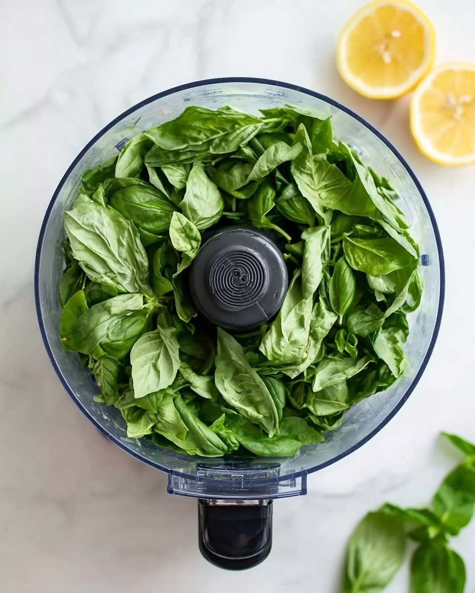 The image shows a top view of a food processor filled with fresh green basil leaves, tightly packed and covering the central blade in the middle. The food processor is clear plastic with a black button on the front, sitting on a white marbled surface. Around the food processor, there are two slices of lemon partially visible on the right side, adding a bright yellow color contrast to the green basil and white background. photo taken with an iphone --ar 4:5 --v 7