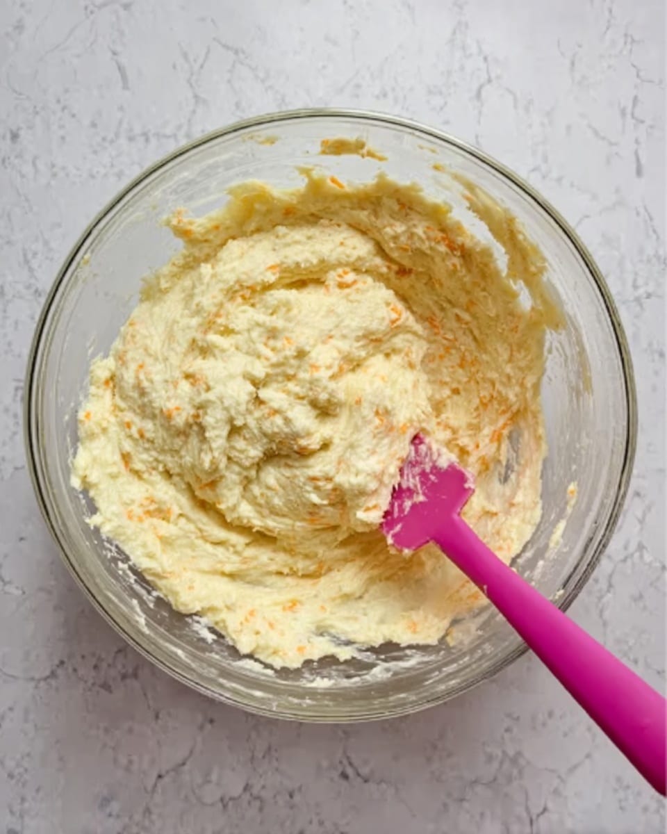 A clear glass bowl filled with a thick, creamy mixture that is light yellow in color with small orange and white bits mixed throughout. A bright pink spatula rests inside the bowl, partially covered in the mixture, sitting on a white marbled surface. The texture looks dense and slightly lumpy, indicating it is a batter or dough being prepared. photo taken with an iphone --ar 4:5 --v 7