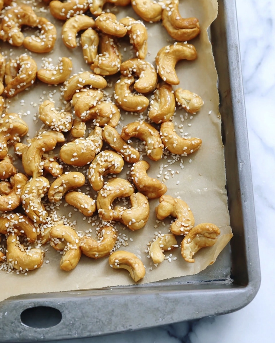 A close-up view of a baking tray lined with beige parchment paper fully covered with golden-brown cashew nuts sprinkled generously with white sesame seeds. The cashews have a shiny texture and are arranged naturally with some overlapping. The metal baking tray has a small circular hole in one corner and a white marbled surface underneath. Photo taken with an iphone --ar 4:5 --v 7