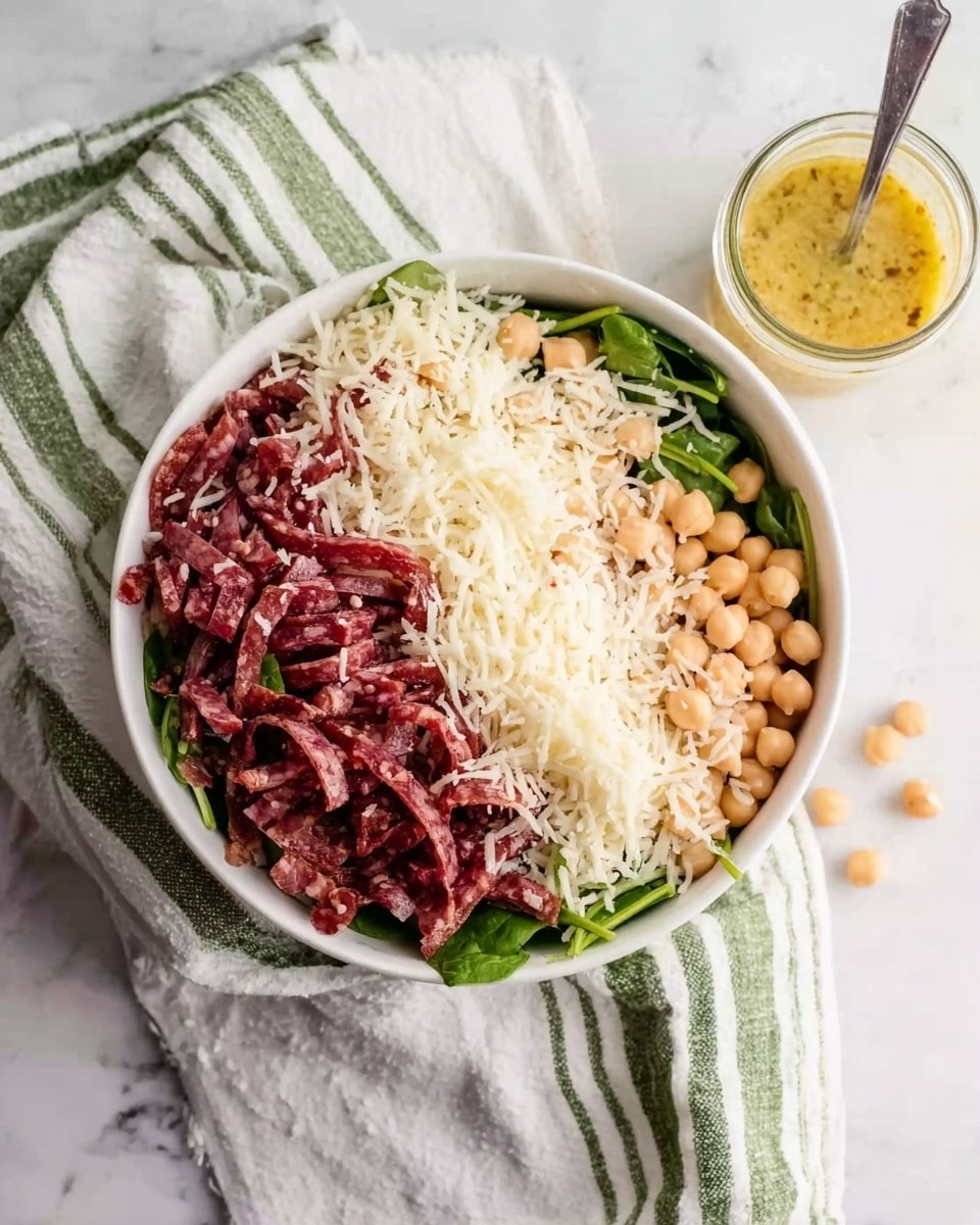 A white bowl on a cloth napkin with green and white stripes sits on a white marbled surface. Inside the bowl, shredded white cheese covers one side, next to thin strips of dark red dry sausage piling on from the center to the right. Below the sausage, fresh green spinach leaves peek through, and pale chickpeas sit near the middle. A small glass jar with a yellow dressing is placed at the top right corner. A woman's hand holds a spoon that is partially visible in the top left. Photo taken with an iphone --ar 4:5 --v 7