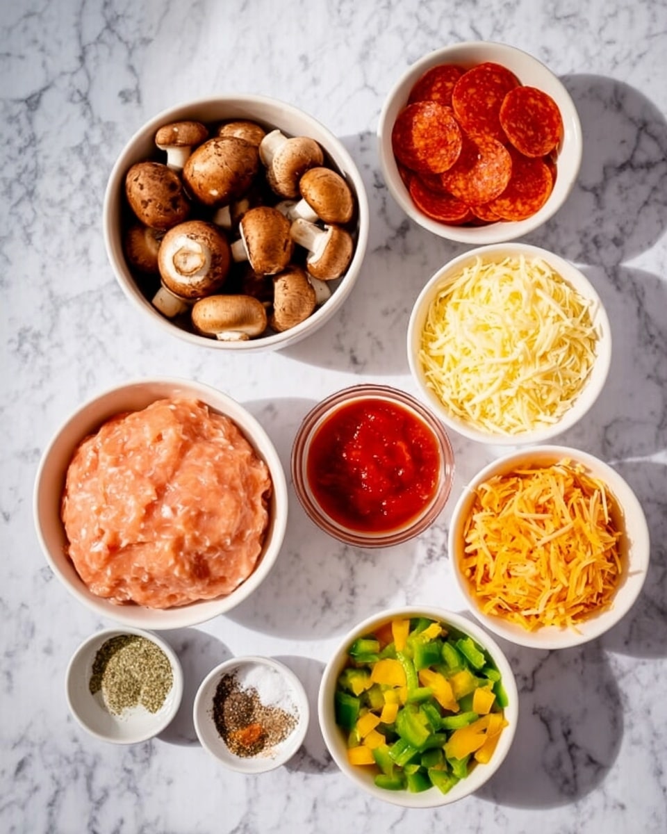 On a white marbled surface, there are eight white bowls with different ingredients arranged neatly. The largest bowl in the front left holds a pinkish raw chicken mixture that looks soft and smooth. To its right, a medium bowl is filled with grated light yellow cheese. Another medium bowl beside it contains shredded orange and white cheese mixed together. Above these, there is a bowl of sliced pepperoni with a shiny red color and some specks of white fat. Next to it, a small round bowl holds bright red tomato sauce that looks thick and rich. Another bowl contains chopped green and yellow bell peppers, cut into small square pieces. At the top left, a bowl is full of whole brown mushrooms, round and smooth. Lastly, a tiny bowl in front holds a mix of spices and salt with different colors of powder. The lighting is clear and bright, with shadows making the ingredients look fresh and ready to use, photo taken with an iphone --ar 4:5 --v 7