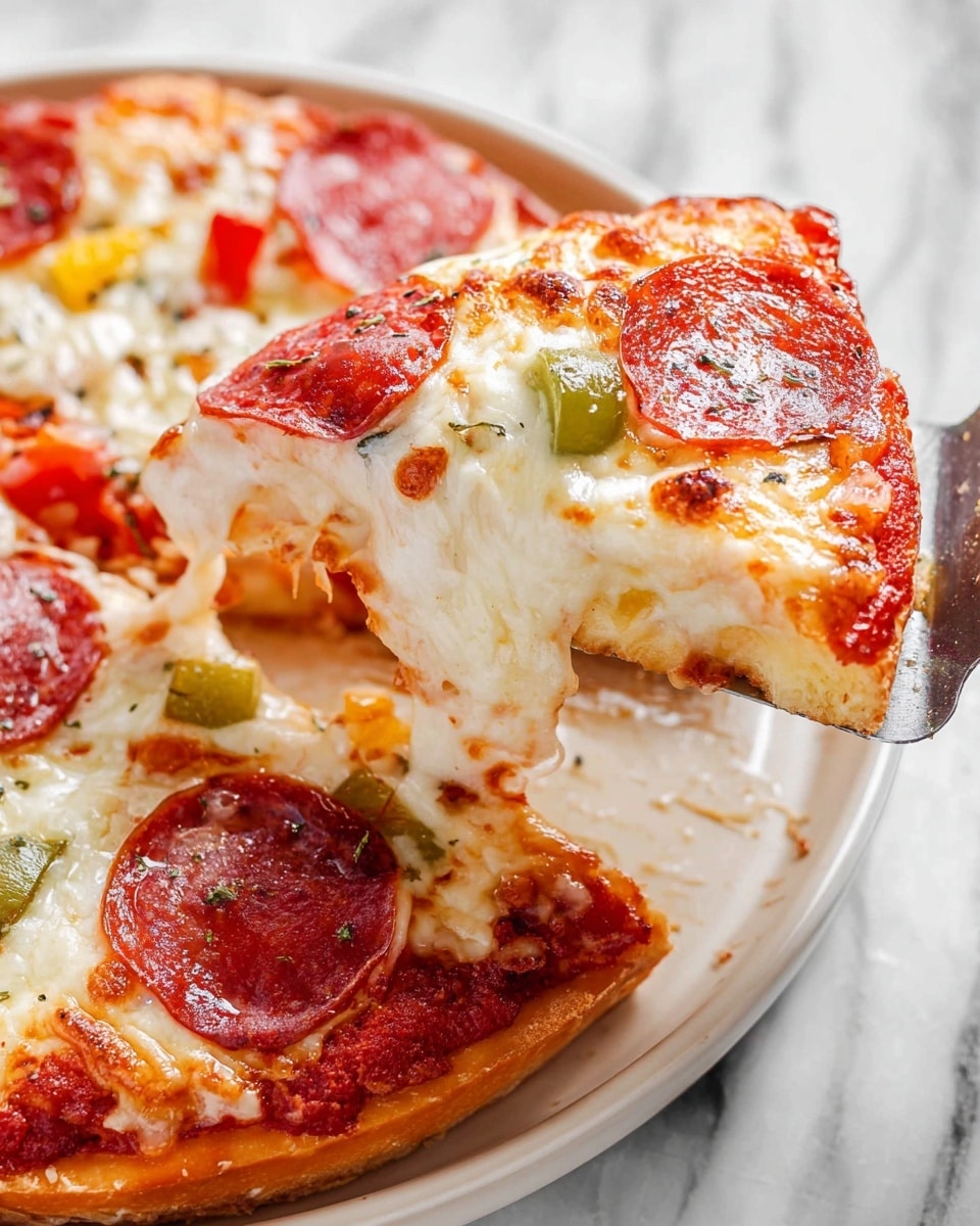 A slice of pizza is being lifted by a spatula from a white round plate on a white marbled surface. The pizza has a golden brown crust as the bottom layer. The second layer is red tomato sauce covering the dough. The third layer is melted white cheese with some browned spots, covering the whole slice. On top, there are round red pepperoni slices and small pieces of green and yellow bell peppers spread unevenly. The texture of the cheese looks smooth and creamy with slight bubbling. The edges of the pizza crust are thicker and crispy, with some melted cheese hanging slightly off the sides. Photo taken with an iphone --ar 4:5 --v 7
