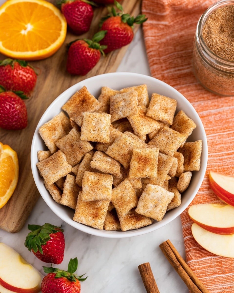 A white bowl filled with many small square crackers that have a golden-brown color and a light dusting of cinnamon sugar on top. Around the bowl, there are fresh strawberries with green leaves, slices of orange, and apple wedges on a white marbled surface. Also, two cinnamon sticks lie near the bottom right corner, and a glass jar with cinnamon sugar is partially visible at the top right, resting on a folded orange and white cloth. Photo taken with an iphone --ar 4:5 --v 7