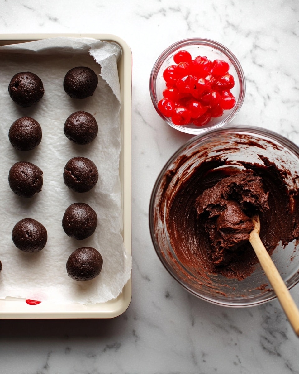 The image shows a white baking tray lined with parchment paper on the left side, holding nine round dark brown chocolate dough balls arranged in three rows. On the right side, there is a clear glass mixing bowl filled with thick dark brown chocolate dough, with some dough spread on the sides and a wooden spoon resting inside. Below the bowl, a small clear glass bowl contains bright red maraschino cherries. The background is a white marbled surface. photo taken with an iphone --ar 4:5 --v 7