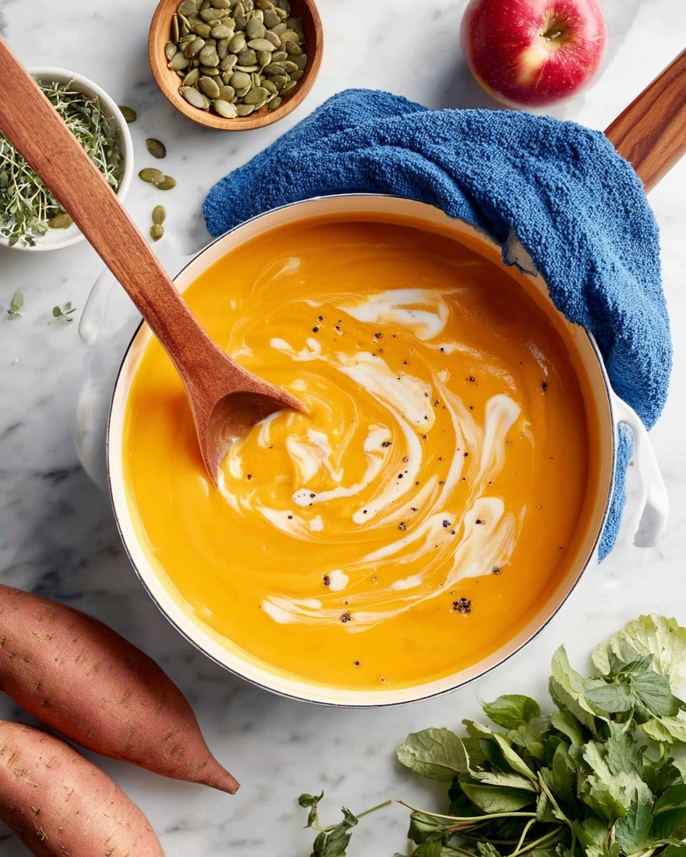 A white bowl filled with bright orange creamy soup is at the center, with a wooden spoon resting inside, partially covered by the soup looking smooth and thick. Swirls of white cream and small black pepper specks float on top, creating a soft pattern. The bowl sits on a white marbled surface, surrounded by two orange sweet potatoes on the lower left, a small white bowl of green pumpkin seeds below, a bunch of green fresh leaves at the bottom right, a red apple on the upper right, and a small wooden bowl with green sprouts to the upper right behind the soup bowl. A blue cloth is draped around the bowl handle. photo taken with an iphone --ar 4:5 --v 7