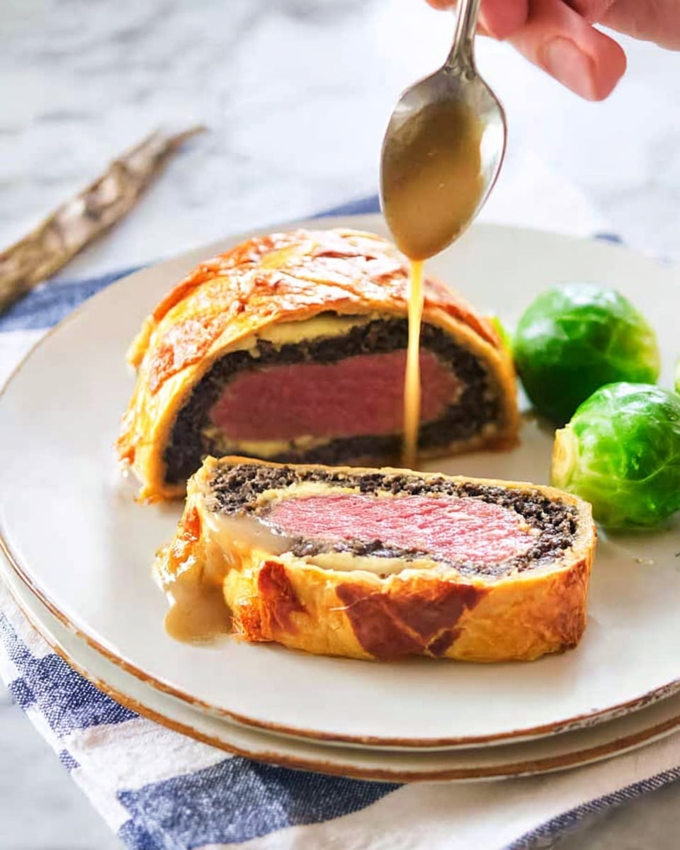 Two slices of Beef Wellington are served on a white plate, each slice showing three layers: the innermost layer is pink and tender cooked beef, surrounded by a textured dark mushroom paste layer, and wrapped in a golden flaky pastry crust on the outside. A light brown sauce is being poured over the top slice from a small metal spoon held by a woman's hand in the top left. Three bright green Brussels sprouts sit on the right side of the plate. The plate rests on a white cloth with blue stripes, and all of this is set on a white marbled surface. Photo taken with an iphone --ar 4:5 --v 7