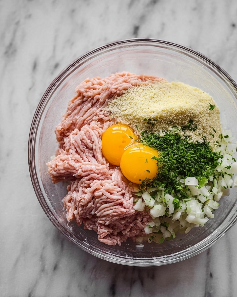 In a clear glass bowl resting on a white marbled surface, there are several layers of ingredients: on one side is pale pink raw ground meat with a soft, stringy texture, next to two bright yellow raw egg yolks with smooth, shiny surfaces, below are small chopped white onion pieces, finely chopped green herbs sprinkled over the meat, a dollop of creamy white minced garlic on top, and a small pile of light beige breadcrumbs near the onions. The bowl is partly filled and the ingredients are neatly arranged but not mixed. Photo taken with an iphone --ar 4:5 --v 7