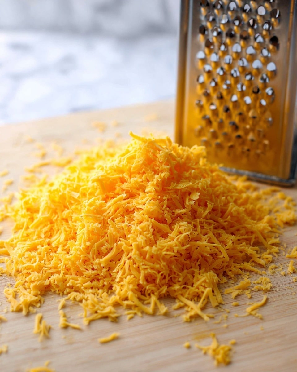 This image shows a pile of finely shredded yellow cheddar cheese spread out on a light wooden board. The cheese strands are thin and curly, with a soft texture and bright, warm yellow color. To the right side, there is a metal box grater standing upright, partially in the frame, showing signs of cheese residue on its holes. The background is blurred and has a white marbled texture. Photo taken with an iphone --ar 4:5 --v 7