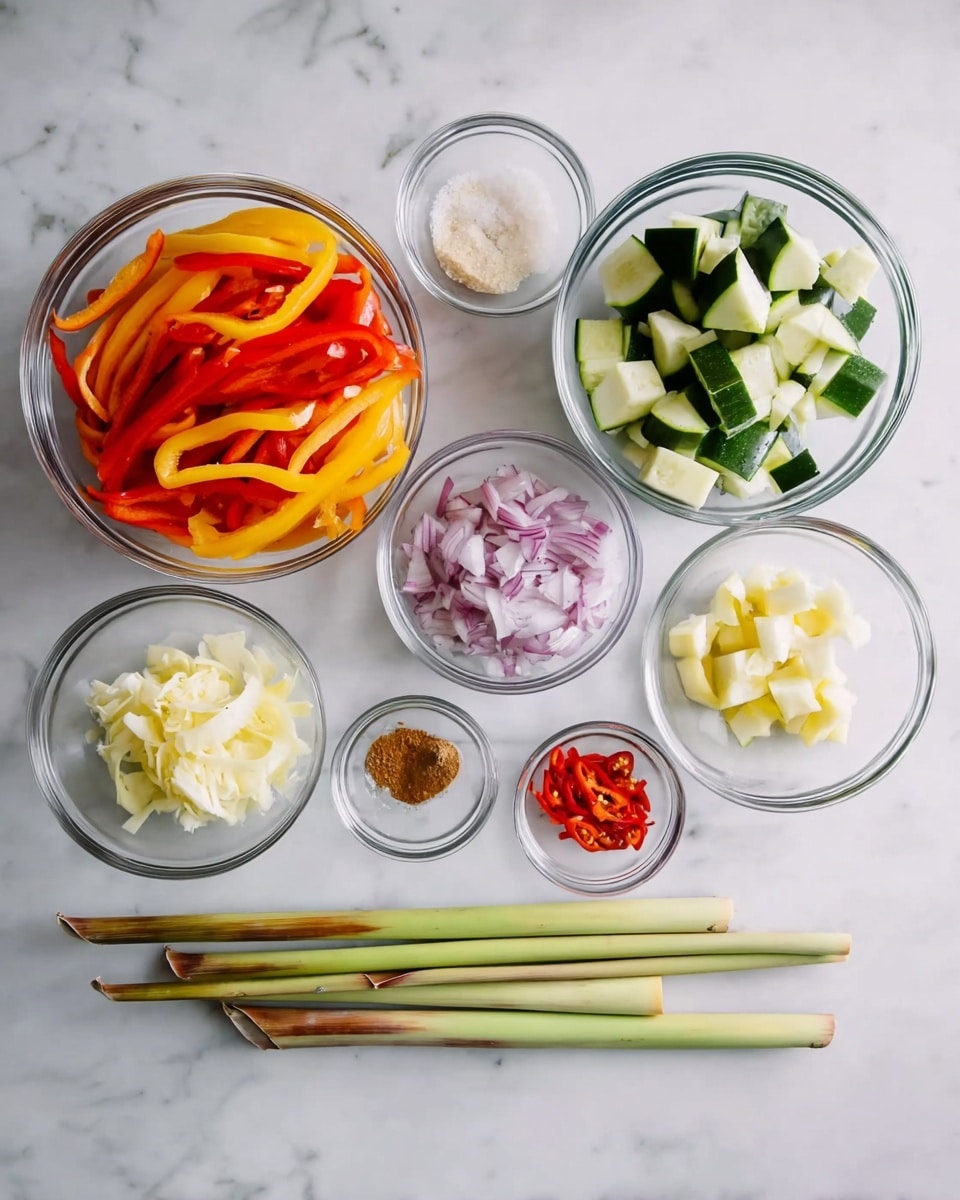 On a white marbled surface, there are eight clear glass bowls and three stalks of lemongrass arranged neatly. The largest bowl contains thin strips of red and yellow bell peppers mixed together, showing bright and fresh colors. Next to it, a medium bowl holds green and white chunks of zucchini. Above that, a medium bowl is filled with chopped light purple shallots. Small bowls contain different items: finely chopped white garlic, light yellow ginger slices, small red chili slices, a pile of salt, and a brown powdered spice. The three lemongrass stalks lie horizontally below the bowls, with their pale green and white colors visible. The setup is clean and organized, ready for cooking photo taken with an iphone --ar 4:5 --v 7