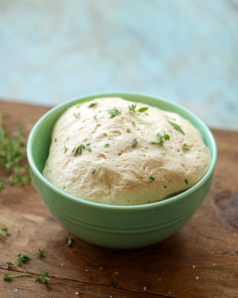 A mint green bowl is filled with pale beige dough that has risen, showing bumpy and airy texture with small holes. The dough slightly overflows from the bowl's rim and is topped with a few small green herb leaves scattered on the surface. The bowl is set on a wooden table with some green herbs around it, while the background is replaced with a white marbled texture photo taken with an iphone --ar 4:5 --v 7