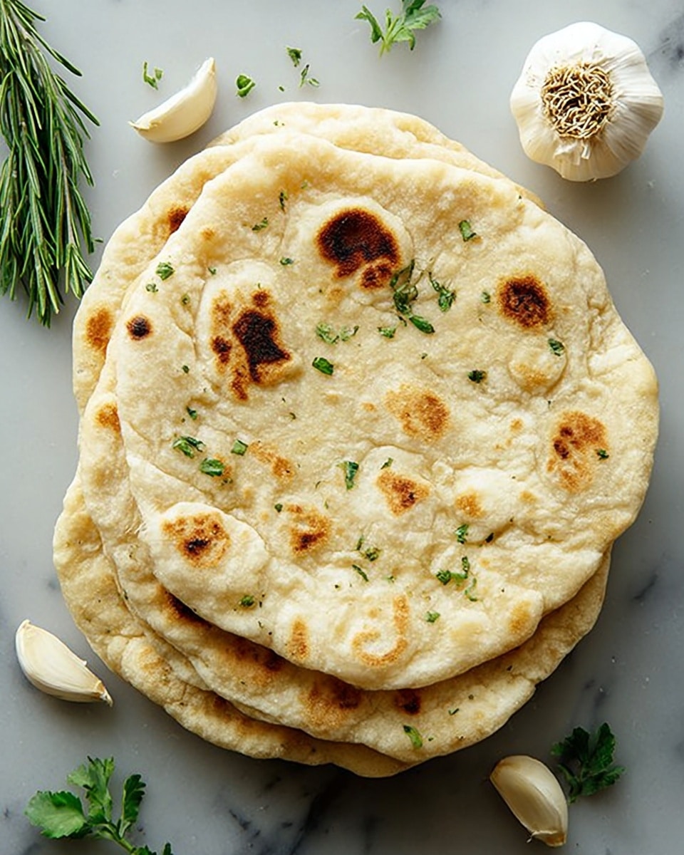 A stack of four flatbreads with a light golden brown color and slightly uneven round shapes is shown from above. The top flatbread has small browned spots and a few green herb leaves scattered on it. Around the stack, there are garlic cloves and green herb sprigs placed on a white marbled surface. The flatbreads have a soft, slightly puffy texture. photo taken with an iphone --ar 4:5 --v 7