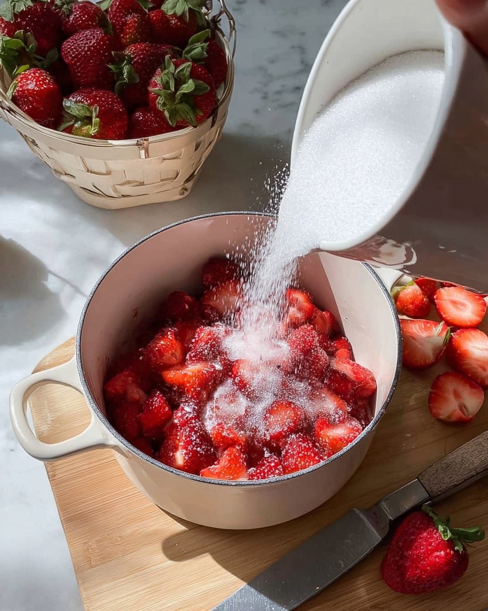 A white pot filled halfway with bright red chopped strawberries sits on a light wooden board. White granulated sugar is being poured in a thick stream from the top right into the pot, creating a soft, sparkling cascade over the strawberries. To the left of the pot, a white basket full of whole strawberries with green leaves is visible, catching sunlight that casts faint shadows. On the wooden board to the right, a shiny knife rests next to some strawberry tops and slices. A woman's hand is holding the sugar container from above. The scene is set on a white marbled texture. photo taken with an iphone --ar 4:5 --v 7