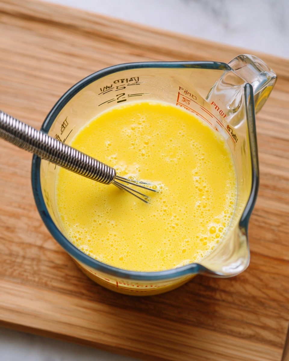 A clear glass Pyrex measuring cup is filled almost to the top with a smooth, bright yellow liquid, likely beaten eggs, creating a slightly foamy texture on the surface. A small metal whisk with a spring-like coil is inside the cup, partially submerged in the liquid, positioned diagonally from the left side. The measuring cup sits on a light wood cutting board, but the visible surface is changed to a white marbled texture. The overall scene is bright and clear, showing a close-up view from above. photo taken with an iphone --ar 4:5 --v 7
