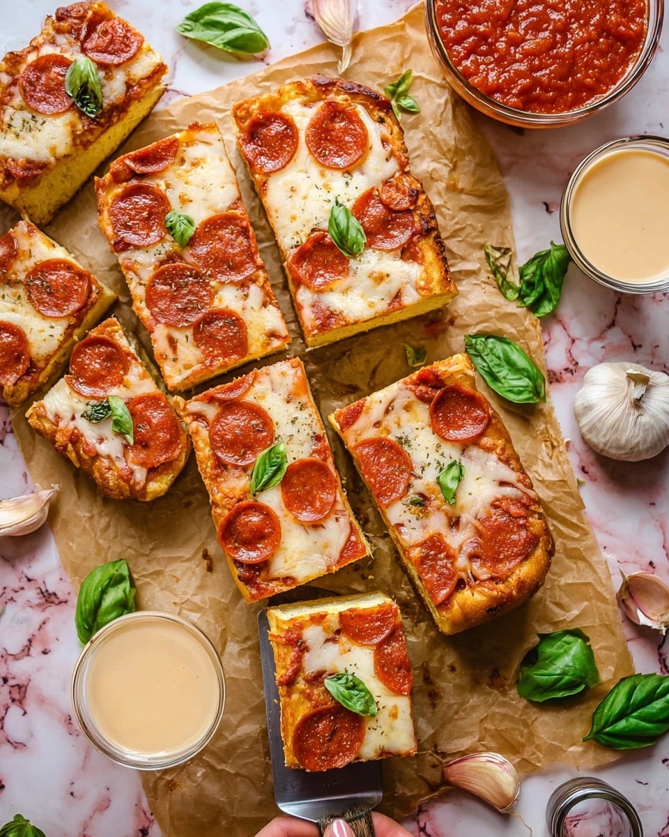 The image shows thick square slices of focaccia pizza with a golden brown, soft, and airy bread base as the bottom layer. On top, a layer of melted creamy white cheese spreads evenly with some browned spots, followed by round slices of crispy, reddish-brown pepperoni arranged neatly. Bright green small basil leaves are scattered on top, adding a fresh look. The pizza slices rest on a crumpled brown paper surface, all set against a white marbled texture background. photo taken with an iphone --ar 4:5 --v 7
