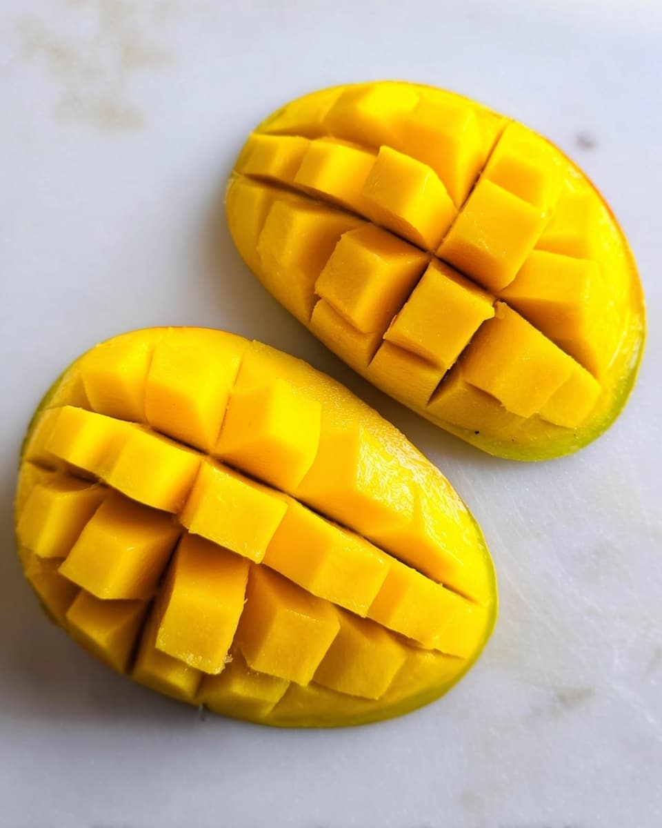 The image shows two mango halves placed side by side on a white marbled surface. Each mango half is cut in a grid pattern, creating about six thick cubes per half. The mango flesh is bright yellow with a smooth, slightly shiny texture, and the edges of the cubes are clean and well-defined. The mango skin is visible at the edges, showing a smooth yellow with a hint of green tint. photo taken with an iphone --ar 4:5 --v 7