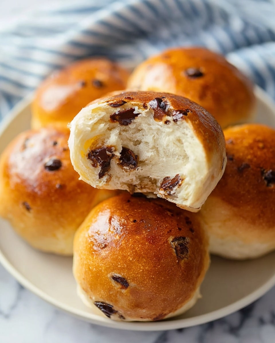 A close-up of five round golden brown chocolate chip buns arranged on a white plate on a white marbled surface. One bun is torn open and placed on top, showing a soft, airy inside with chunks of melted dark chocolate spread throughout. The buns have a smooth, shiny crust with small baked spots and visible chocolate chips. The background features a soft blurred blue and white striped cloth. Photo taken with an iphone --ar 4:5 --v 7