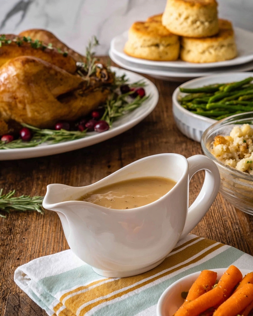 The image shows a white gravy boat filled with light brown gravy with visible small chunks and smooth texture, placed on a rustic wooden table with a white marbled texture background. Behind and to the left, there is a white plate holding a golden-brown roasted whole chicken garnished with green rosemary sprigs and red cranberries. At the back center, a white plate holds several golden buttermilk biscuits stacked on top of each other. To the right, a clear glass bowl is filled with chunky light brown stuffing, and next to it is a white bowl with green asparagus spears neatly placed. At the right front edge, a white plate contains orange roasted carrot sticks seasoned with herbs. A white cloth with yellow, teal, and orange stripes lies in front of the gravy boat. photo taken with an iphone --ar 4:5 --v 7