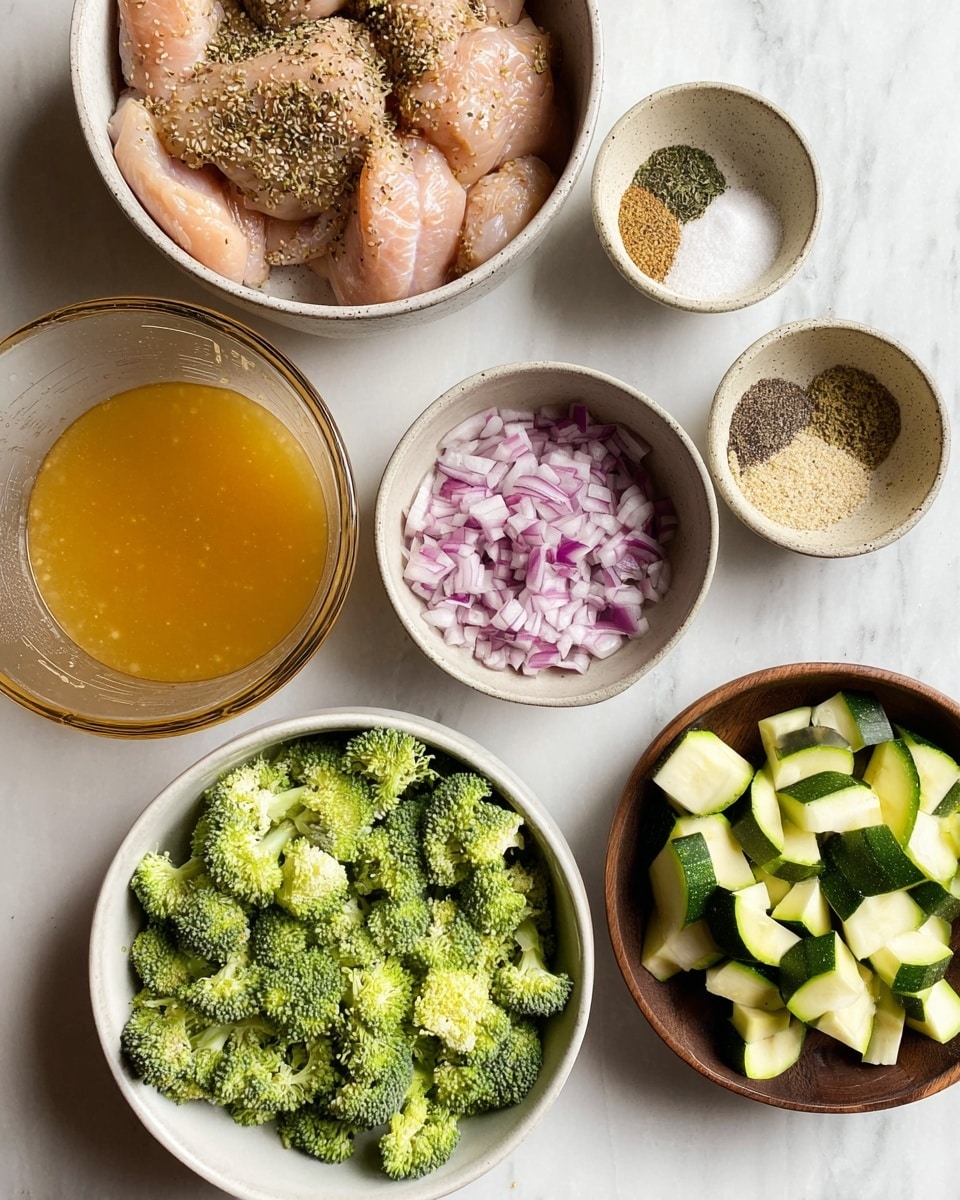 A top-down view shows six bowls arranged on a white marbled surface, each holding different cooking ingredients. The largest bowl in the upper left contains pieces of raw chicken seasoned with herbs, with a light pink color and a slightly rough texture. To the right of this is a beige bowl holding white salt, black pepper, garlic powder, and onion powder, arranged in small piles side by side. Below it, a white bowl is filled with chopped red onions, their purple and white pieces neatly cubed. In the middle bottom, a white bowl is filled with bright green chopped broccoli with a mix of stalks and florets. To its right, a dark brown wooden bowl contains diced zucchini, showing layers of green skin and pale green insides. To the left of the broccoli, there is a glass measuring cup filled with orange-colored broth, smooth and glossy. photo taken with an iphone --ar 4:5 --v 7