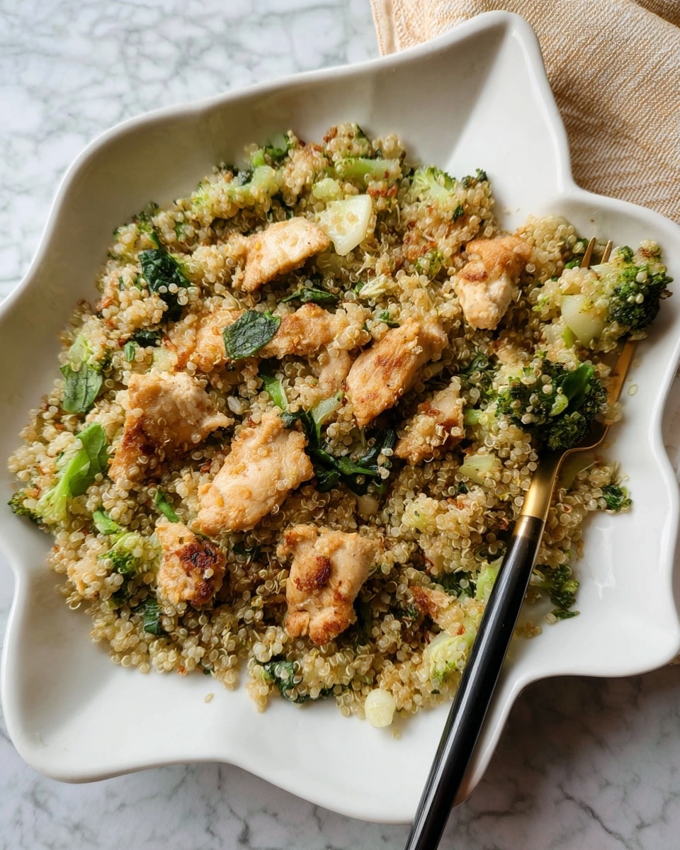 A white plate shaped like a leaf holds a dish made of three main layers. The base layer is light green broccoli pieces scattered throughout. On top of that, there is a larger layer of light brown cooked quinoa that looks soft and fluffy, mixing with small green spinach or basil leaves. The top layer has pieces of golden-brown cooked chicken, slightly crispy on the edges and placed unevenly across the plate. A black and gold fork rests on the right side of the plate, partially under some of the food. The setting is on a white marbled surface with a beige cloth in the top right corner. Photo taken with an iphone --ar 4:5 --v 7