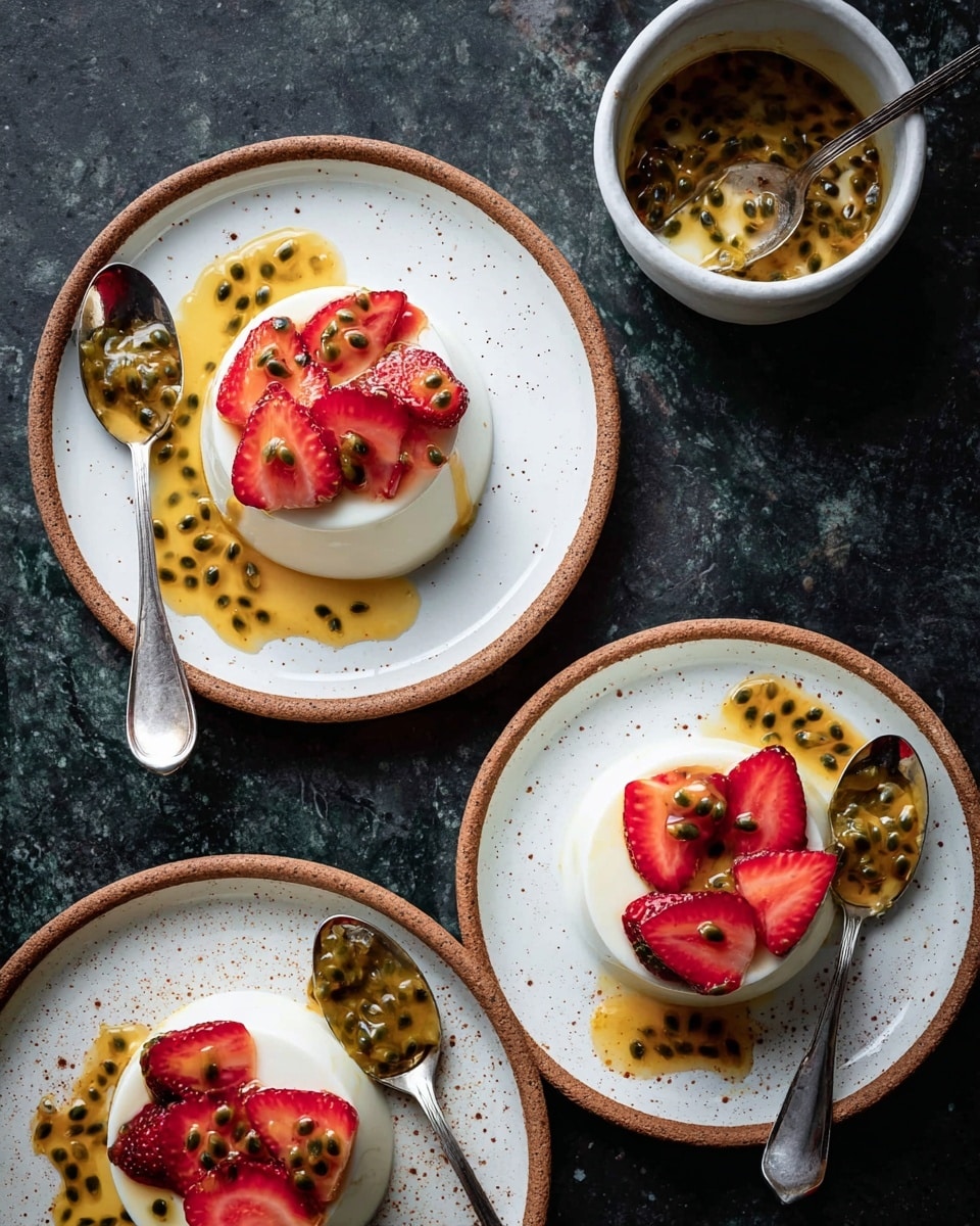 Three white plates with brown speckled edges each hold a round white panna cotta dessert topped with red sliced strawberries and bright yellow passion fruit sauce with black seeds, some sauce spilling onto the plate. One plate shows a spoon resting beside the panna cotta, another plate has a spoon with a scoop of the dessert and sauce on it. Above the plates is a small white bowl with more passion fruit sauce and a spoon inside. All dishes sit on a dark surface, changed to a white marbled texture for the image. photo taken with an iphone --ar 4:5 --v 7