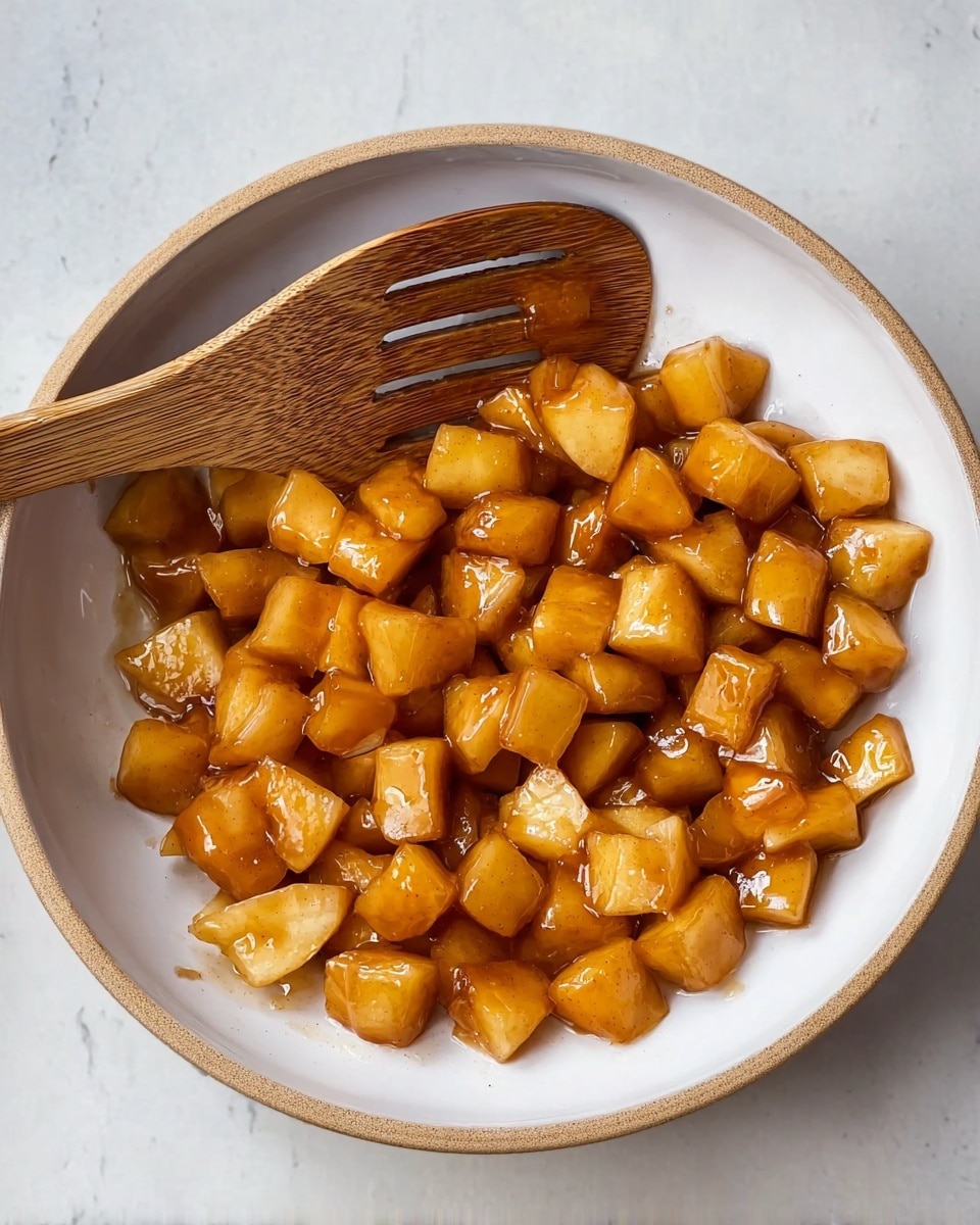 A white shallow bowl filled with small cubes of cooked golden-brown apples that look soft and shiny from a glaze. The cubes are evenly spread inside the bowl, and a wooden slotted spoon rests on top of the apples at an angle in the upper left side of the bowl. The bowl sits on a white marbled surface, and light reflects gently off the glazed apples enhancing their warm color. photo taken with an iphone --ar 4:5 --v 7
