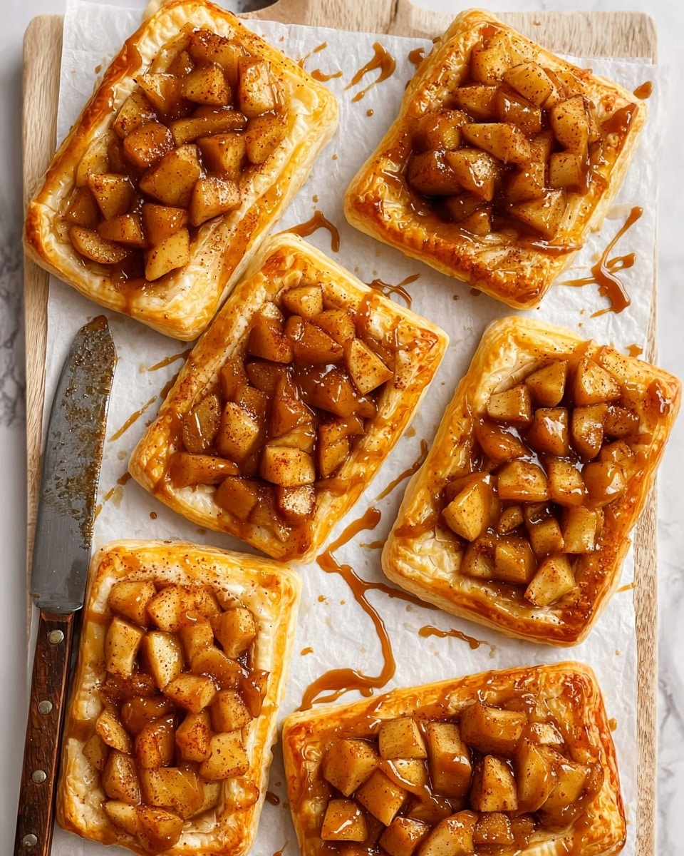 The image shows seven rectangular pastries arranged on white parchment paper over a white marbled surface, with a vintage knife placed nearby. Each pastry has a golden-brown puff pastry base with a raised, flaky border and is topped with small, evenly cut pieces of cooked apple that are browned and coated with a cinnamon-like spice. Some pastries are drizzled with light brown caramel sauce creating a glossy effect on the apple topping. The overall look is warm and inviting, with the pastries displaying different amounts of the caramel drizzle. Photo taken with an iphone --ar 4:5 --v 7