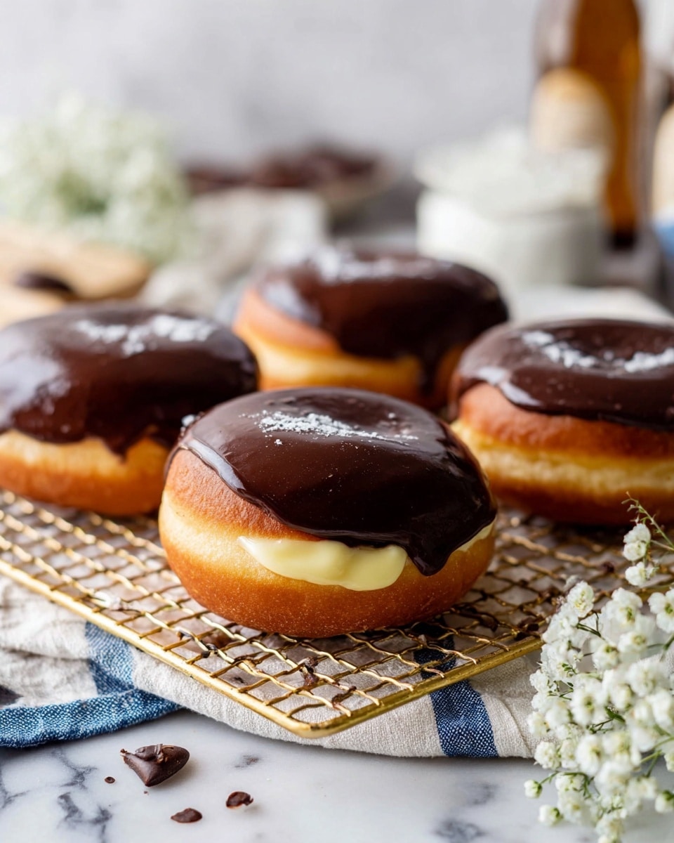 The image shows four round doughnuts placed on a golden wire cooling rack over a white and blue striped cloth. Each doughnut is topped with a smooth, shiny dark chocolate layer that covers the top side. The doughnuts have a golden-brown outer layer, and creamy pale yellow filling is oozing out from the sides of each one. The setup is arranged on a white marbled surface with small white flowers and a few chocolate drops scattered around. The background is softly blurred with hints of kitchen items and a bottle. Photo taken with an iphone --ar 4:5 --v 7