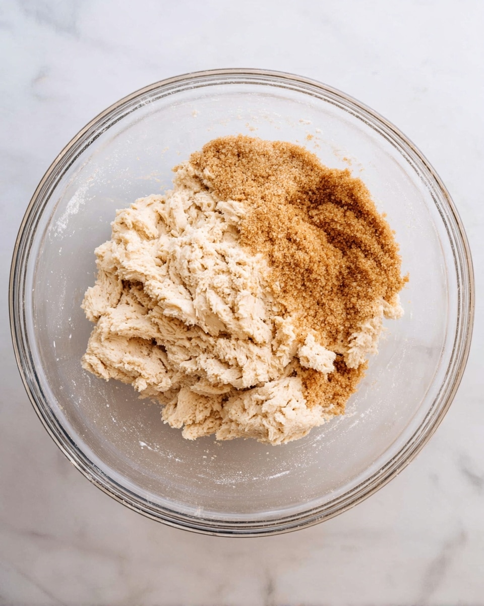 A clear glass mixing bowl holds a dough with a rough, pale beige, slightly chunky texture spread mostly on the left side. On top of the dough, mainly on the right, sits a layer of fine brown sugar with a grainy texture, slightly covering parts of the dough. The bowl is placed on a white marbled surface. photo taken with an iphone --ar 4:5 --v 7