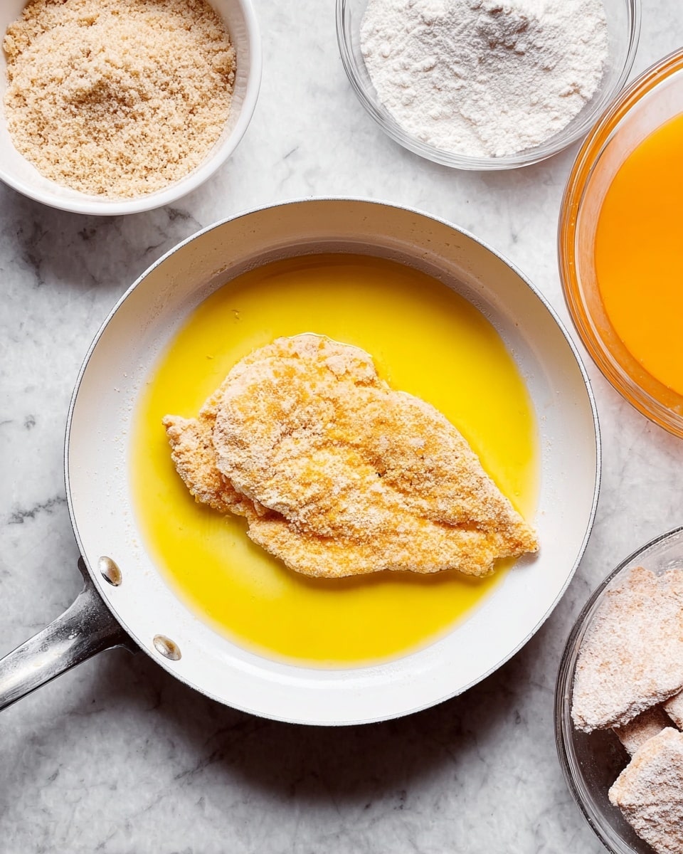 A close-up view of a cooking scene with a single breaded cutlet placed in the center of a white pan filled with bright yellow-orange oil. The cutlet is pale with a rough, crumb-coated texture and covers most of the pan’s bottom. To the top left, there is a white bowl with light brown coarse crumbs, and to the bottom left, a glass dish filled with flour-covered raw cutlets is visible. At the top right, another glass container holds a smooth orange liquid mixture. The whole setup is on a white marbled surface. Photo taken with an iphone --ar 4:5 --v 7
